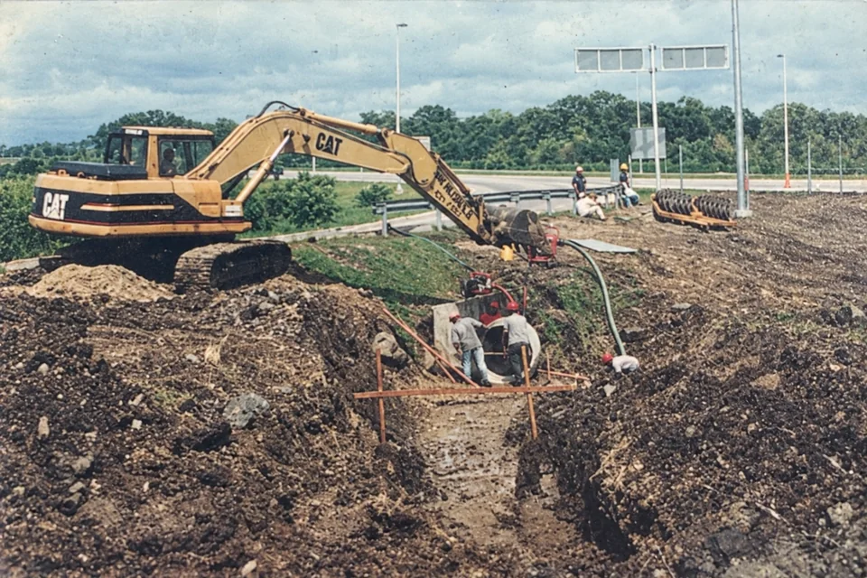 Excavadora y equipo de trabajo durante la instalación de tuberías, archivo fotográfico de TSI