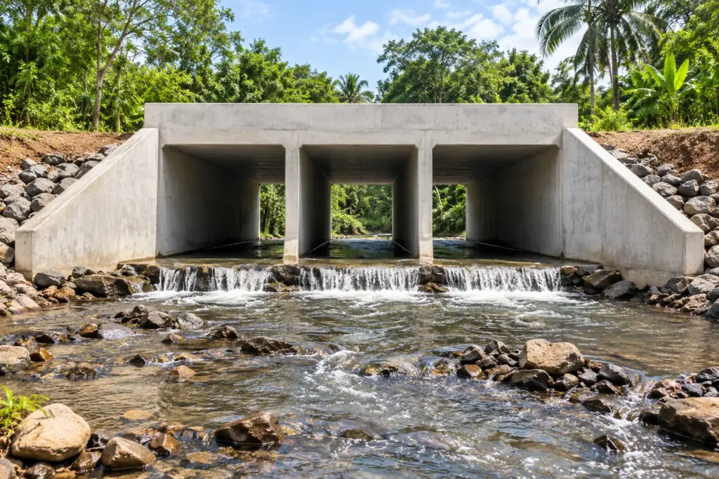 Ilustración de un cajón pluvial de concreto con tres celdas rectangulares