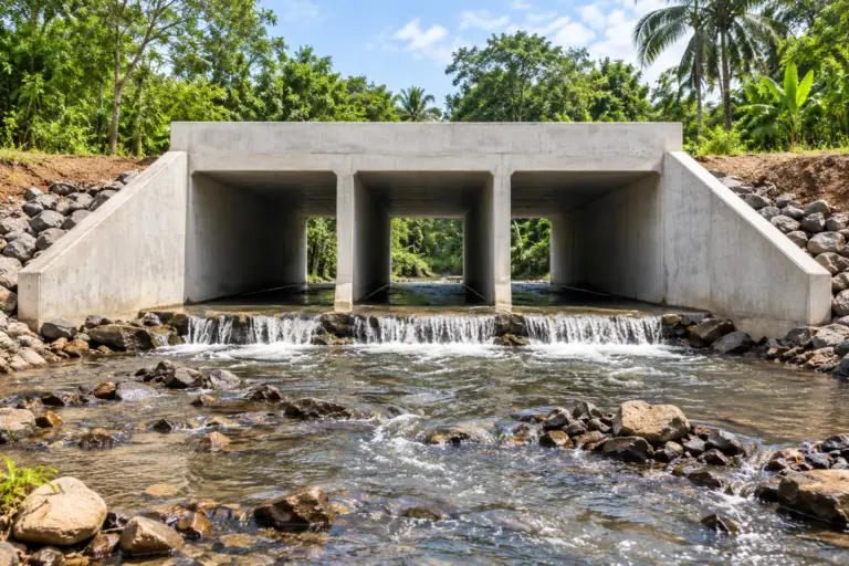 Ilustración de un cajón pluvial de concreto con tres celdas rectangulares