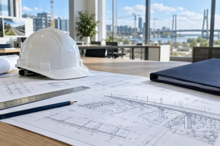 Planos de ingeniería y casco de protección