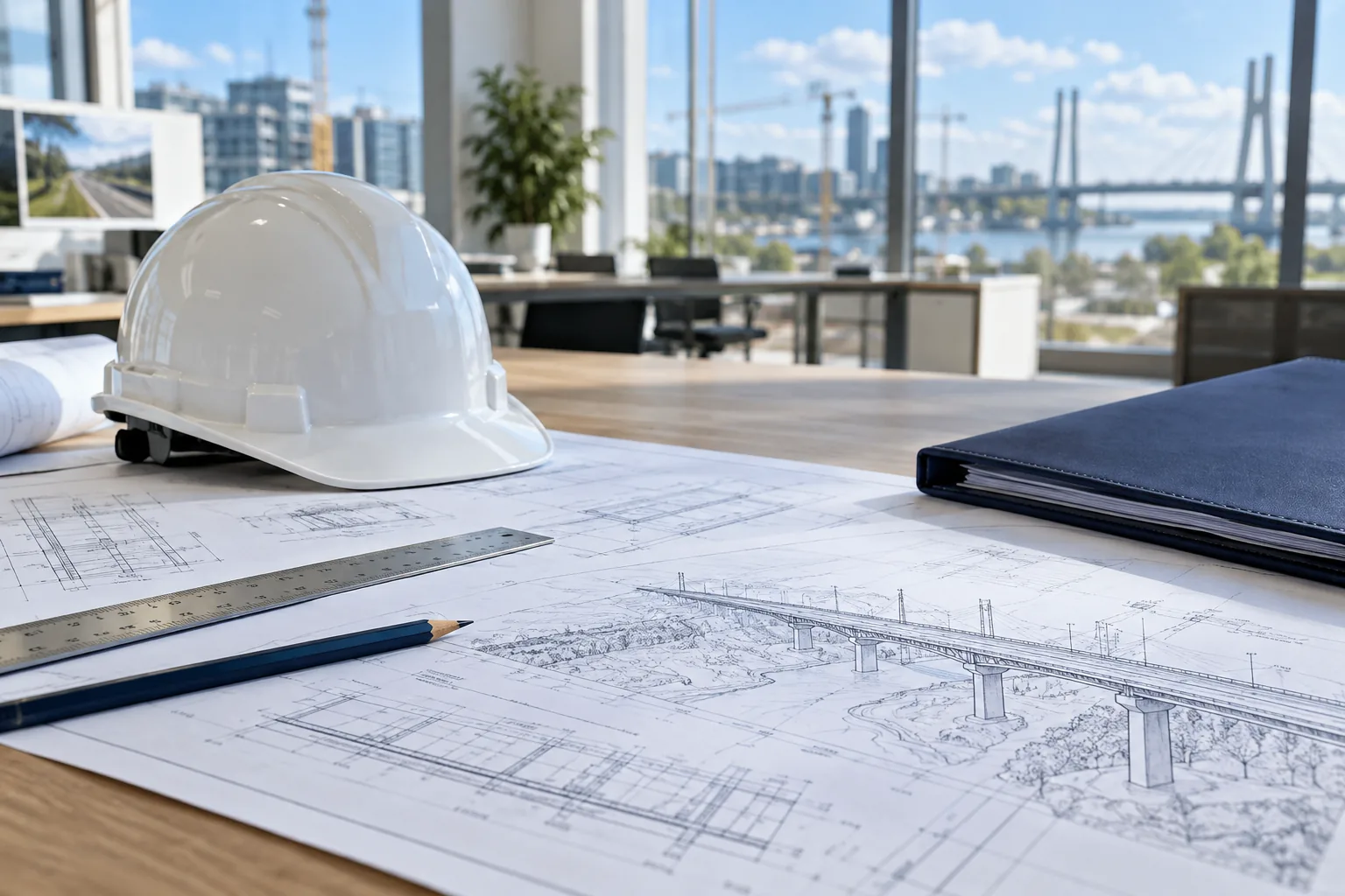 Planos de ingeniería y casco de protección